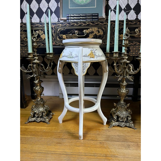 1980s Chinoiserie Mother-of-Pearl Inlaid Tall Stool or Side Table With Glass Top, 25" For Sale - Image 16 of 17