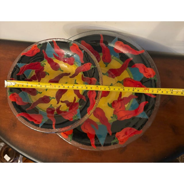 Red Peggy Karr Two-Tier Fused Glass Serving Bowl Set With Metal Stand – Chili Pepper Art Glass Serveware For Sale - Image 8 of 10