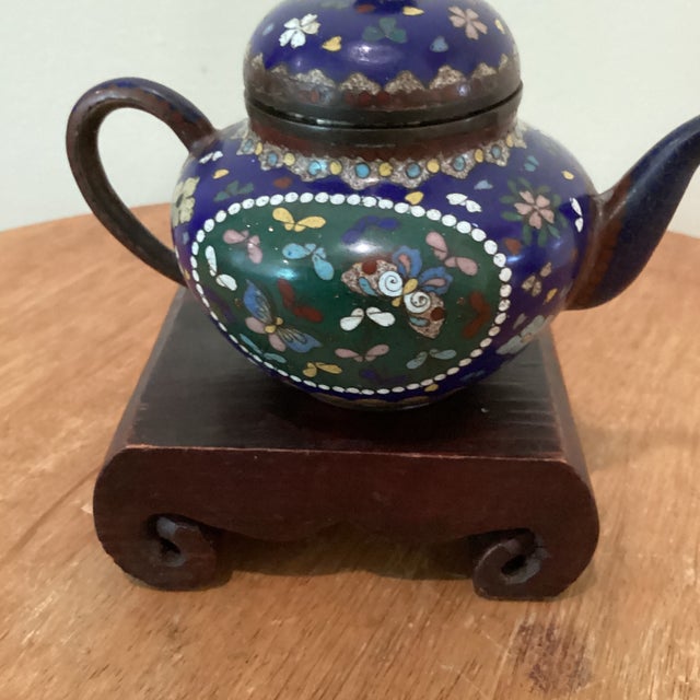 Antique Japanese Cloisonné Meiji Period Teapot Phoenix Motif, Blue Enamel Body on Wood Base For Sale - Image 11 of 12