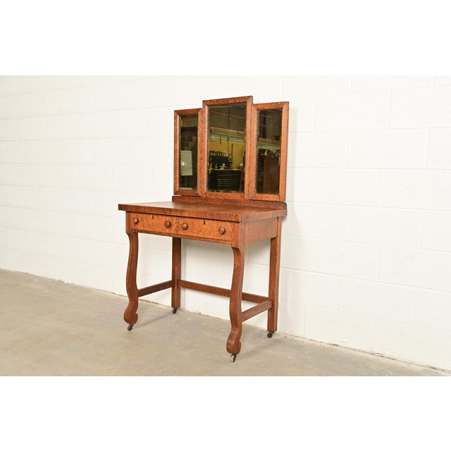 Antique American Empire Tiger Oak Vanity Dressing Table With Mirror, Circa 1900 For Sale - Image 14 of 14