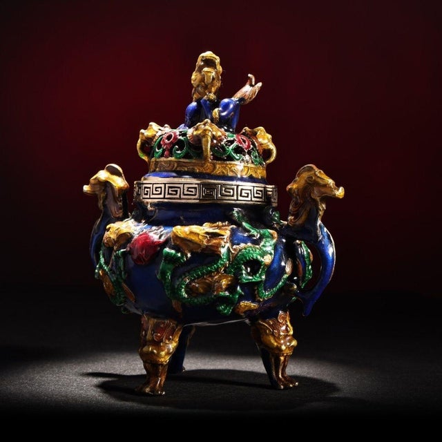Arts & Crafts Gilt Cloisonné Dragon Motif Incense Burner / Censer For Sale - Image 3 of 9