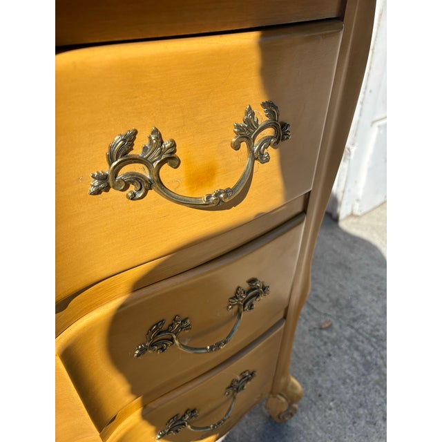 Gold Vintage French Provincial Tall Chest, Serpentine Front Highboy With Carved Apron & Scroll Feet For Sale - Image 8 of 12