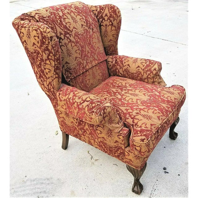 Red Vintage Chippendale Wingback Damask Armchair For Sale - Image 8 of 8