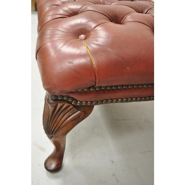 Vintage English Chesterfield Queen Anne Brown Leather Tufted Ottoman Footstool For Sale - Image 9 of 10