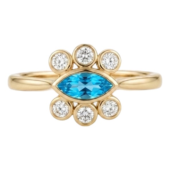 Marquise Blue Topaz Ring | 18k Gold Plated Evil Eye Ring | Cluster Wedding Unique Promise Ring Us 7 For Sale
