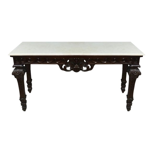 Reproduction Early 1900s Empire / Colonial-Style Hall Table, With Hand-Carved Mahogany & Chatillonais Marble Top For Sale
