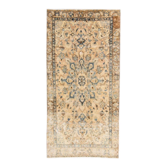 Vintage Distressed Handmade Medallion Beige Wool Runner For Sale
