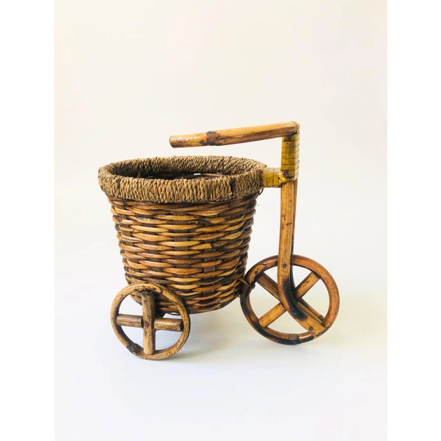 Boho Chic Vintage Rattan Bicycle Plant Basket For Sale - Image 3 of 12