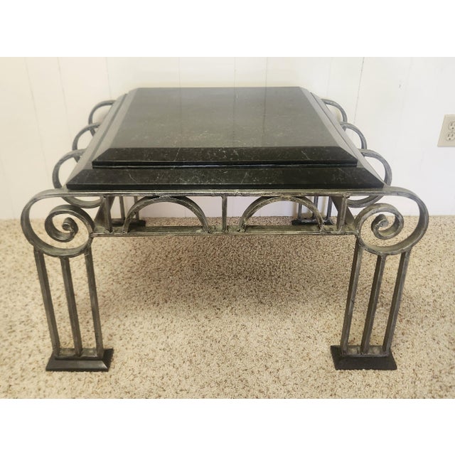 dramatic end table inspired by the stunning French Art Deco of the 1920s, scrolled iron with two layered black marble top,...