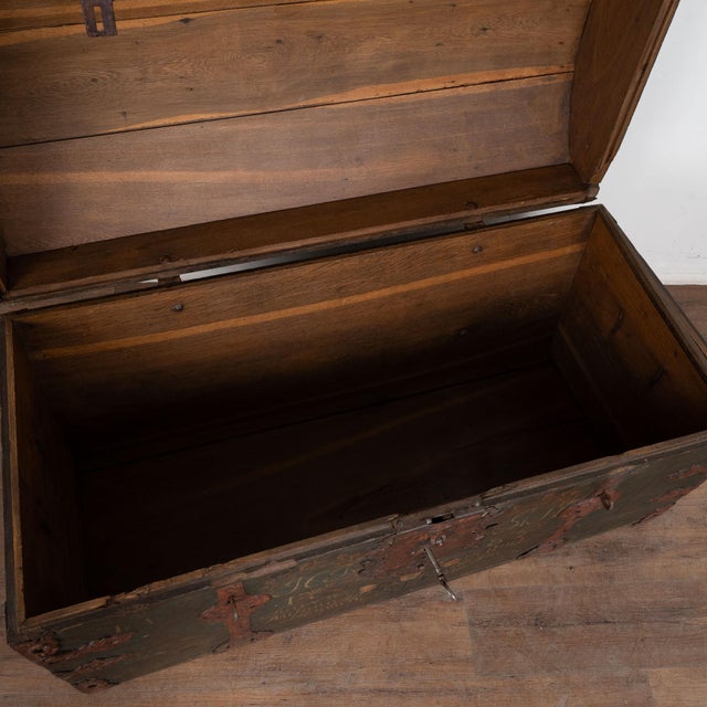 Large Swedish Oak Trunk With Original Green Painted Finish, Dated 1785 For Sale - Image 10 of 18