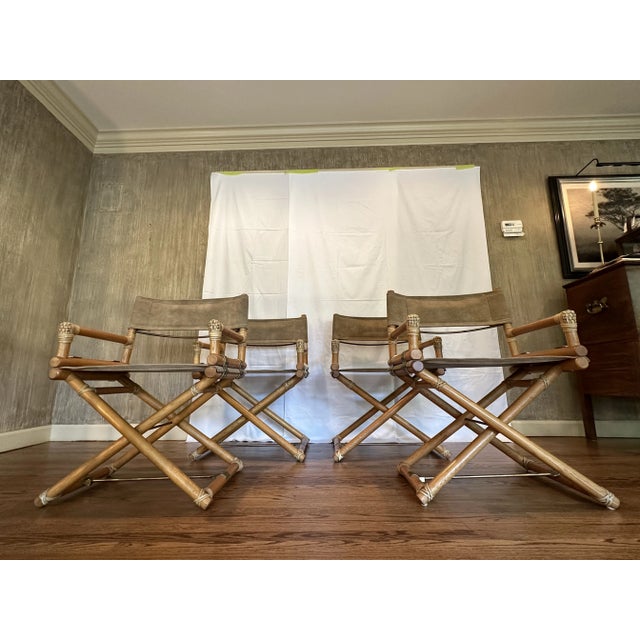Wood 1980s Set of 4 Vintage McGuire X Director’s Chairs With Rawhide Wraps and Brass Accents, Made in U. S. A. For Sale - Image 7 of 12