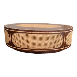 Made Goods Narelle Oval Woven Cane and Burl Wood Coffee Table For Sale