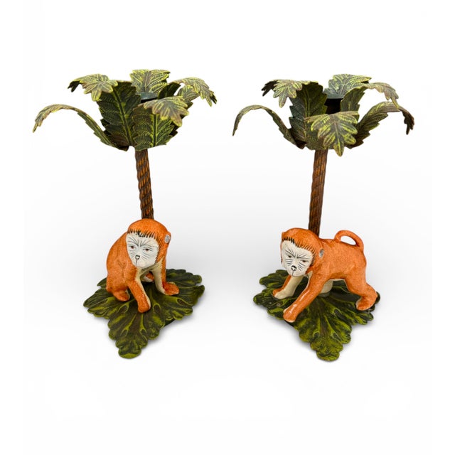 Mid 20th Century Pair of Hand-Painted Porcelain Monkey & Tole Palm Candlesticks, Petites Choses Attributed For Sale In Houston - Image 6 of 12