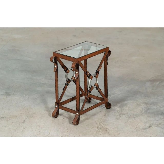 Iron Faux Leather Side Table in the style of Jacques Adnet For Sale - Image 3 of 9