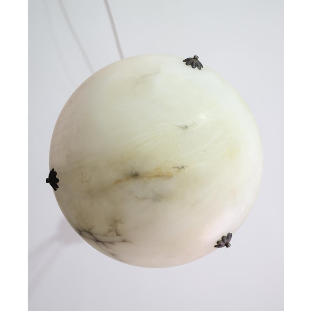 1950s French Art Deco White Alabaster Pendant Light With Dark Veining For Sale - Image 9 of 16