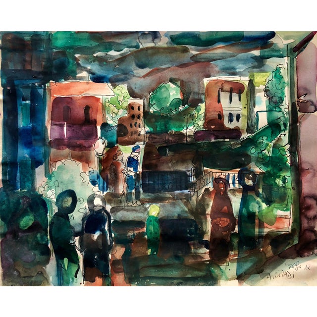 Aharon Giladi, Old Yishuv, Israel, Watercolor Gouache Painting Israeli Modernist Kibbutz Artist For Sale