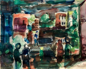 Aharon Giladi, Old Yishuv, Israel, Watercolor Gouache Painting Israeli Modernist Kibbutz Artist