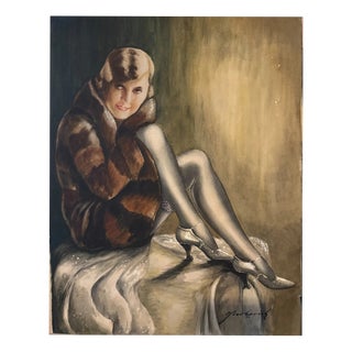 Carl H. Berberich, Lady on Cushion, Verso Lady in Fur Coat, Nude, 1926, Gouache For Sale