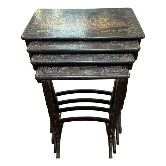 Late 20th Century Ebonized Chinoiserie Set of 4 Nesting Tables For Sale