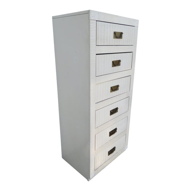 Late 20th Century Hollywood Regency Painted Woven Wicker Tall Narrow Lingerie Jewelry Chest For Sale