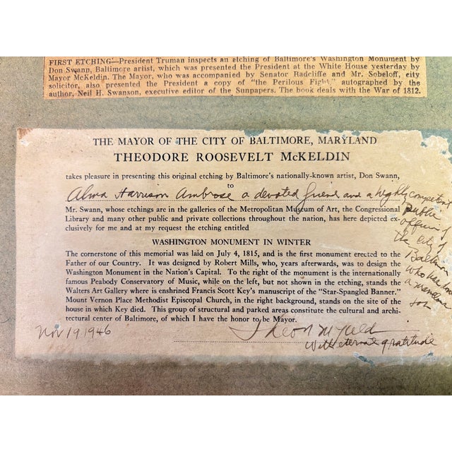 1940s Don Swann (1889 - 1954) Original Etching 'Washington Monument in Winter' 199/400 For Sale - Image 9 of 12