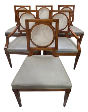 Set of 6 Baker Furniture Dining Chairs, Modern Neoclassical Regency Style, Geometric Circle Back, Upholstered Seats