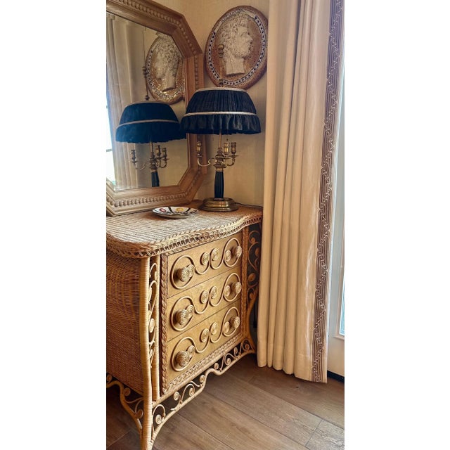 Parisian-chic Madeleine Castaing style wicker and rattan chest, a particular style that’s rare, hard to find! A graceful...