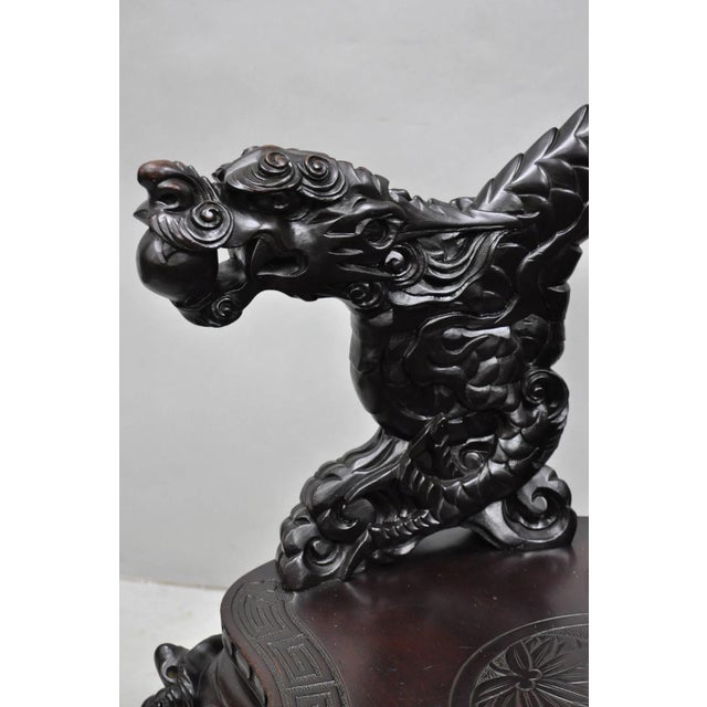 Antique Japanese Dragon Carved Wood Export Oriental Palace Lounge Arm Chair For Sale - Image 12 of 18