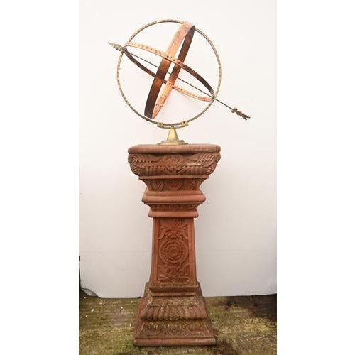 Garden Armillary Sphere Sun Dial with Terracotta Stand For Sale - Image 4 of 11