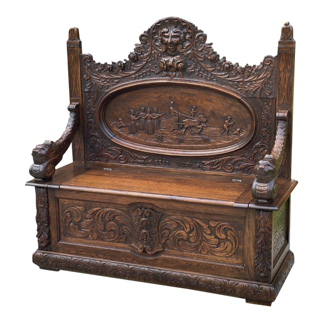 Antique French Bench Settee Renaissance Entry Hall Chariot Carved Oak 19th C Chairish