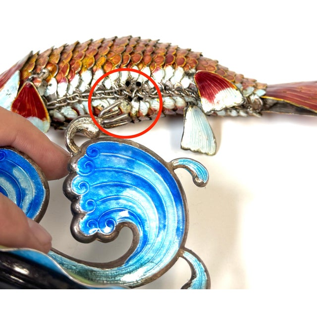 Chinese Export Silver & Enameled Articulated Carp Lotus and Wave Stand, C. 1900 For Sale - Image 4 of 18