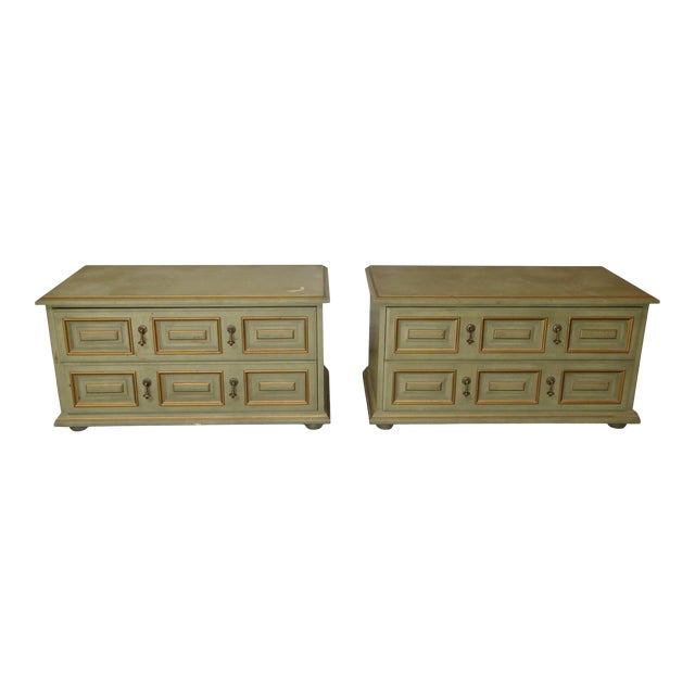 Vintage Mid Century Modern Drexel Green & Gold Low Profile Nightstands
