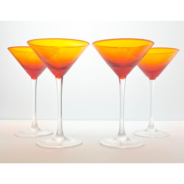 1960s Vintage Mid-century 4 Amber Orange Frond Etched Martini Cocktail Glasses Excellent condition. No chips, cracks, or...