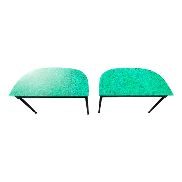 Wood Pair of Faux Malachite Demi-Lune Tables, by Stickley Furniture. For Sale - Image 7 of 9