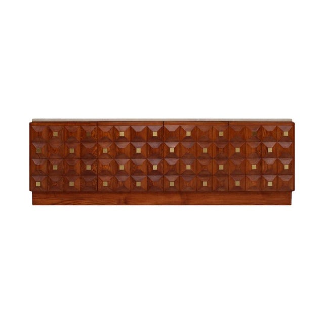 Square Pattern Oak and Brass Sideboard with Travertine Top, Italy, 2000 For Sale - Image 10 of 10