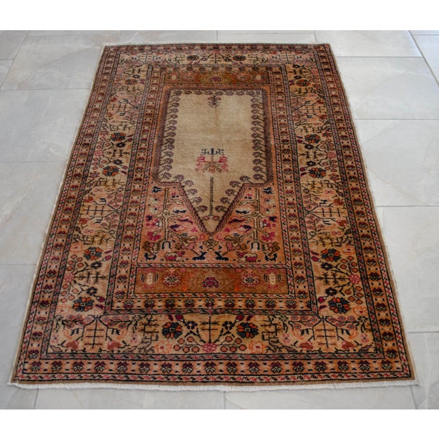 Vintage Hand-Knotted Turkish Rug Prayer Rug Super Fine Wool Rug Wall Decor Religious Tapestry 3x5 Ft Approx For Sale - Image 11 of 18
