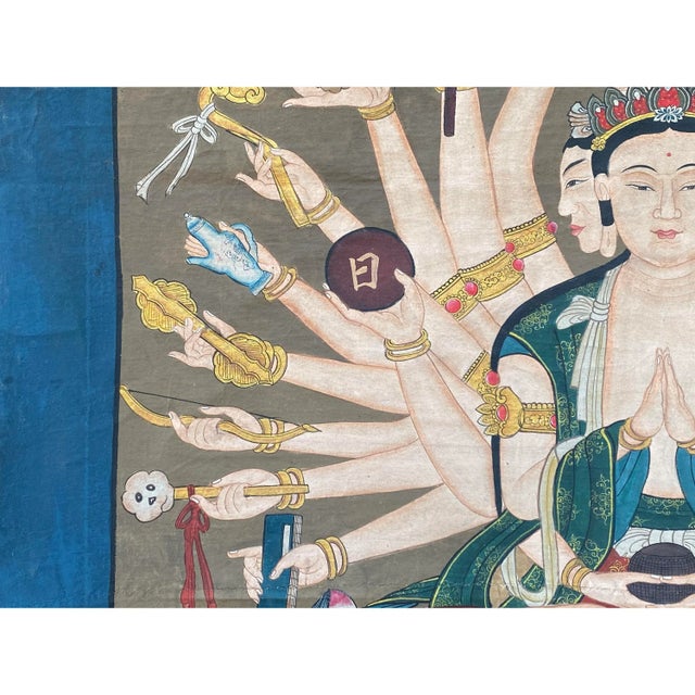 Teal Large Chinese Canvas Art of 24 Arms Bodhisattva Kwan Yin Avalokitesvara For Sale - Image 8 of 11