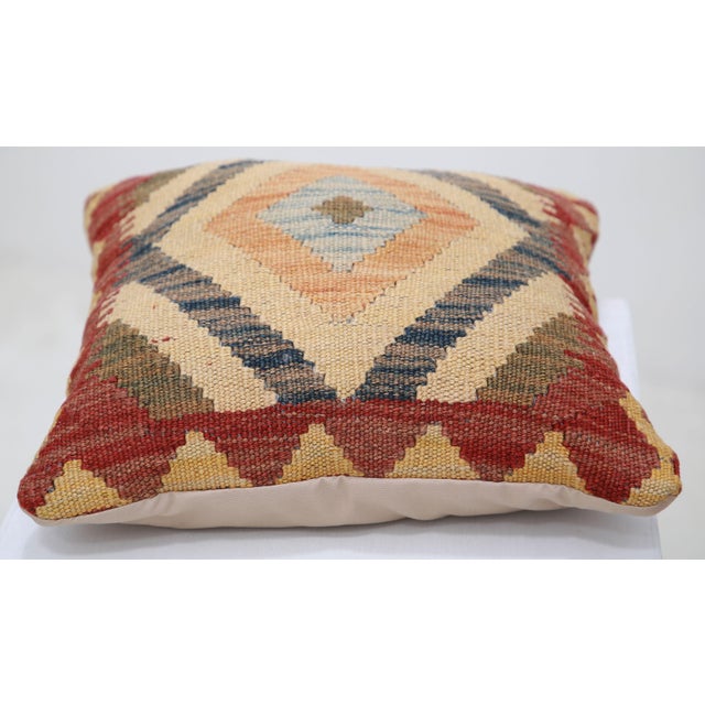 Tribal Arteverk Handwoven Afghan Kilim Pillow — Beige & Red Diamond Medallion For Sale - Image 3 of 3
