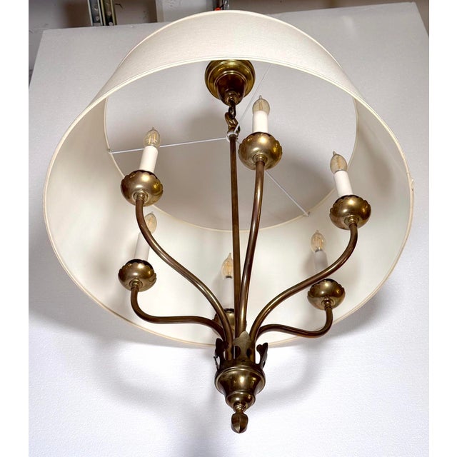 Mid 20th Century Restored Six Arm Brass Drum Shade Chandelier For Sale - Image 4 of 8