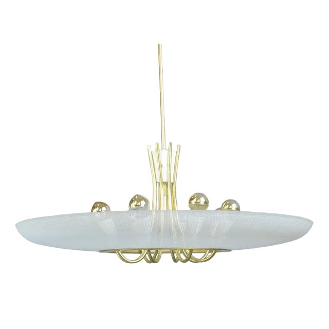 Large Mid-Century Modern Brass and Glass Pendant Light, 1960s For Sale