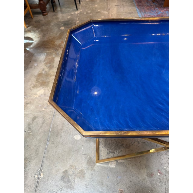 Modern Vintage Folding Tray Table With Blue Enamel Tray and Brass Base, 1970s For Sale - Image 3 of 9