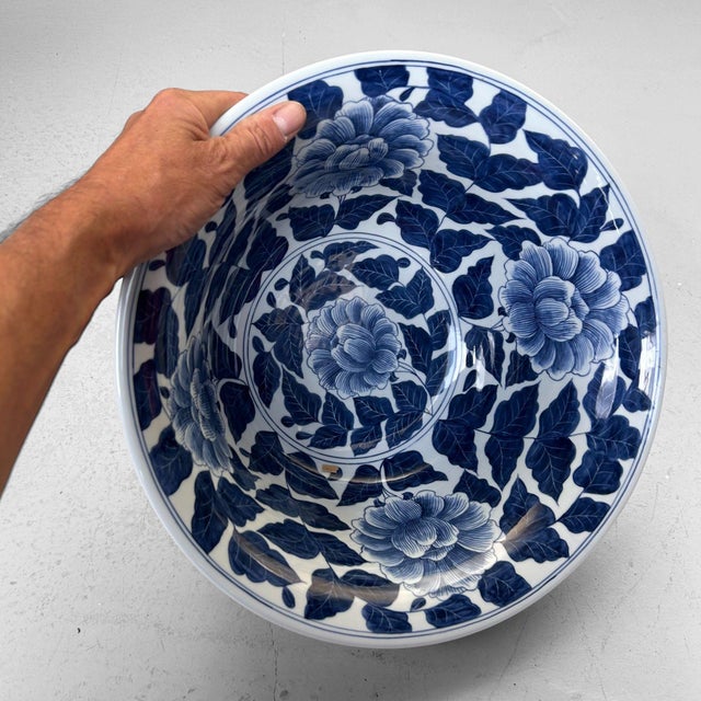 Blue Large Porcelain Bowl with Peony Motif, Japan, 1960s For Sale - Image 8 of 17