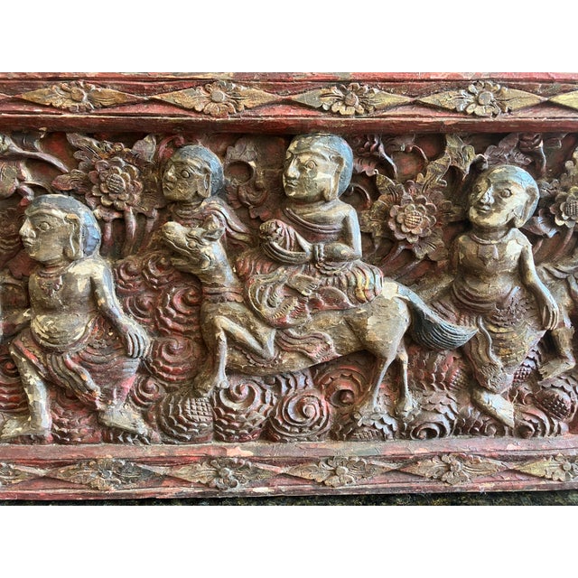 Asian Antique Hand Carved & Painted Thai Wood Relief With Gilded Accents For Sale - Image 3 of 5
