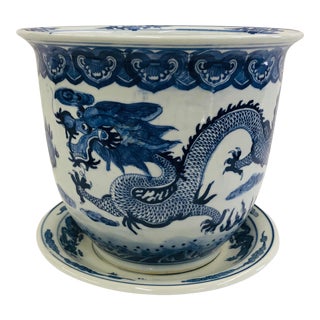 Chinoiserie Blue and White Dragon Scene Planter With Water Tray For Sale