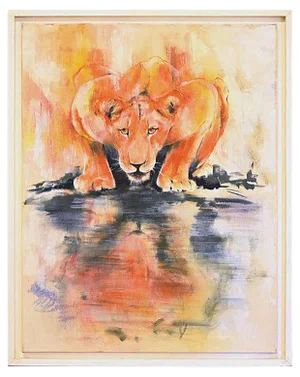 Lioness by the Water - Original Oil on Canvas by Marij Hendrickx - Early 2000s Early 2000s