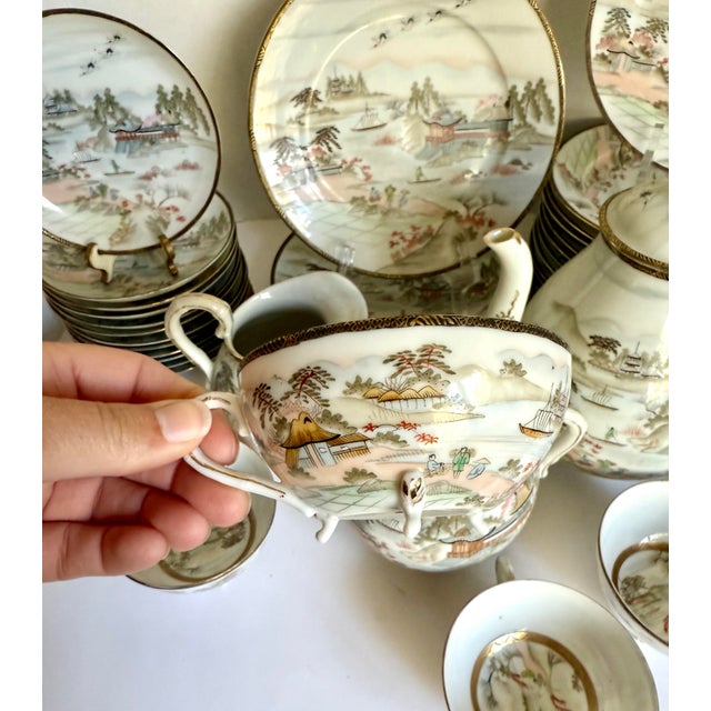 1970s Japanese Hand-Painted Eggshell Porcelain Landscape Luncheon Tea Set - 36 Pieces For Sale - Image 10 of 17