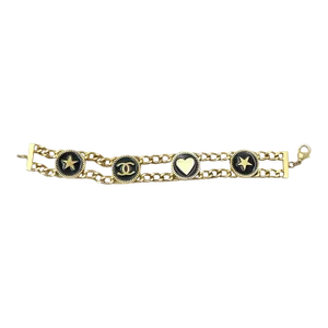 Chanel Vintage Gold Plated CC Heart Star Black Coin Bracelet