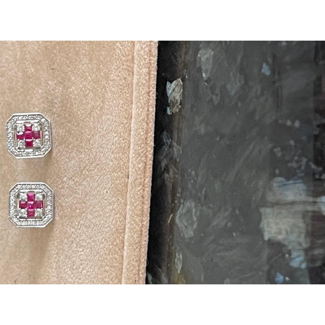 Princess Cut Natural Ruby and Diamond Stud Post Earrings 14 Karat White Gold For Sale In New York - Image 6 of 18