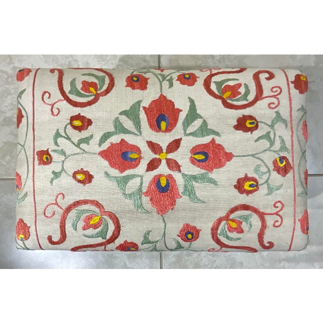 Antique Suzani Embroidered Footstool – Silk Hand-Stitched Needlepoint For Sale - Image 14 of 14