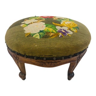 French Antique Needlepoint Footstool For Sale
